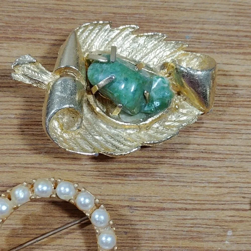 7 Vintage Floral Leaf Brooch Pins Metal Rhinestone Faux Pearl Multicolor Turtle